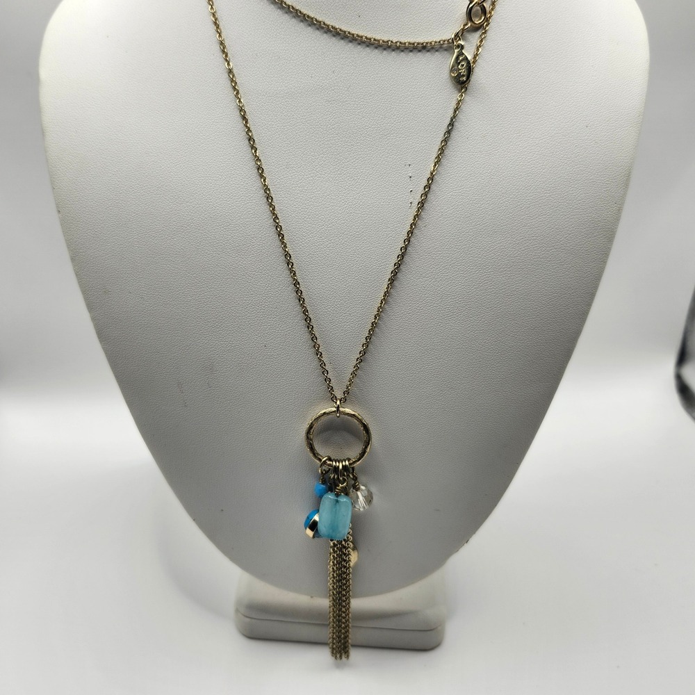 LOFT Gold Tone Long Tassel Necklace Blue Beads Crystal Charm Boho Statement